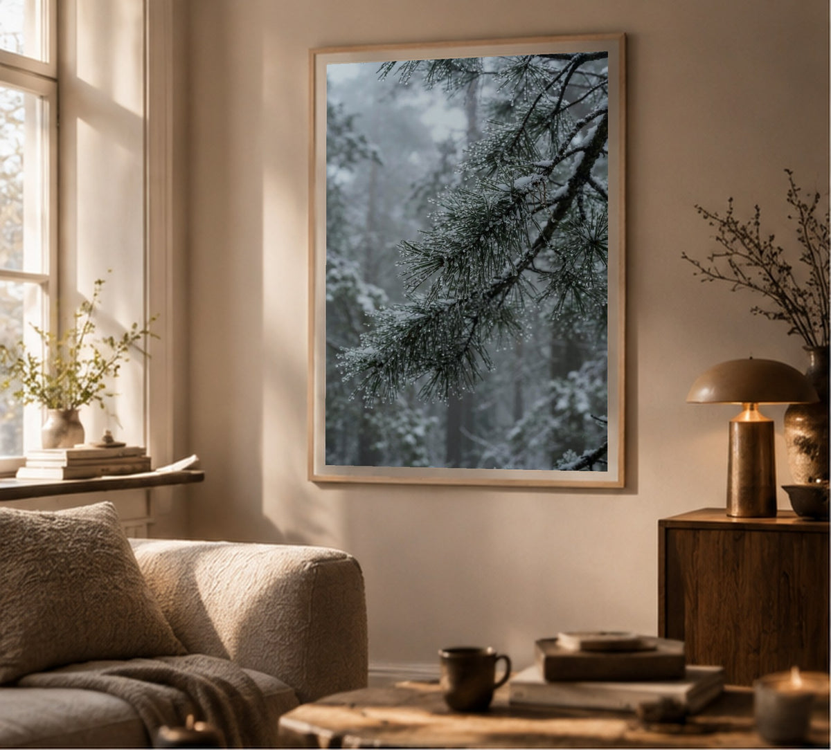 Frozen Droplets on Pine art print, shown framed for inspiration in a sunlit living room