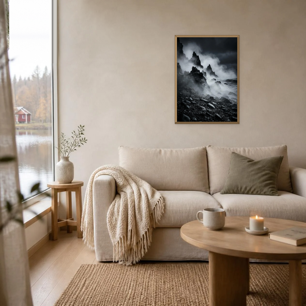 Mist Over Black Stones poster in a light oak frame above a linen sofa