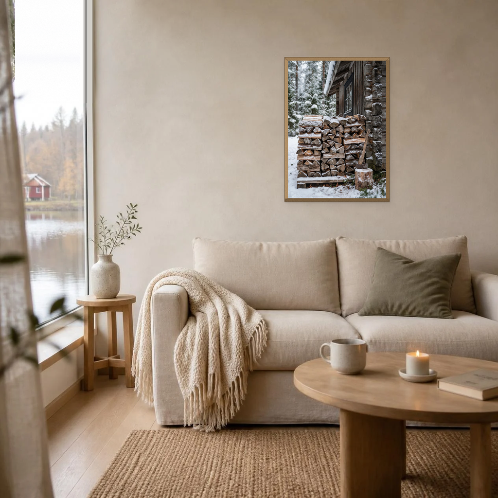 Snow-Covered Logs poster in a light oak frame above a linen sofa