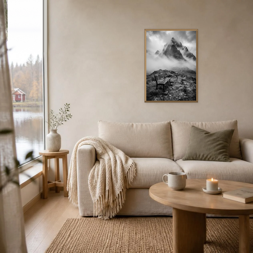 Bench Facing the Peak poster in a light oak frame above a linen sofa