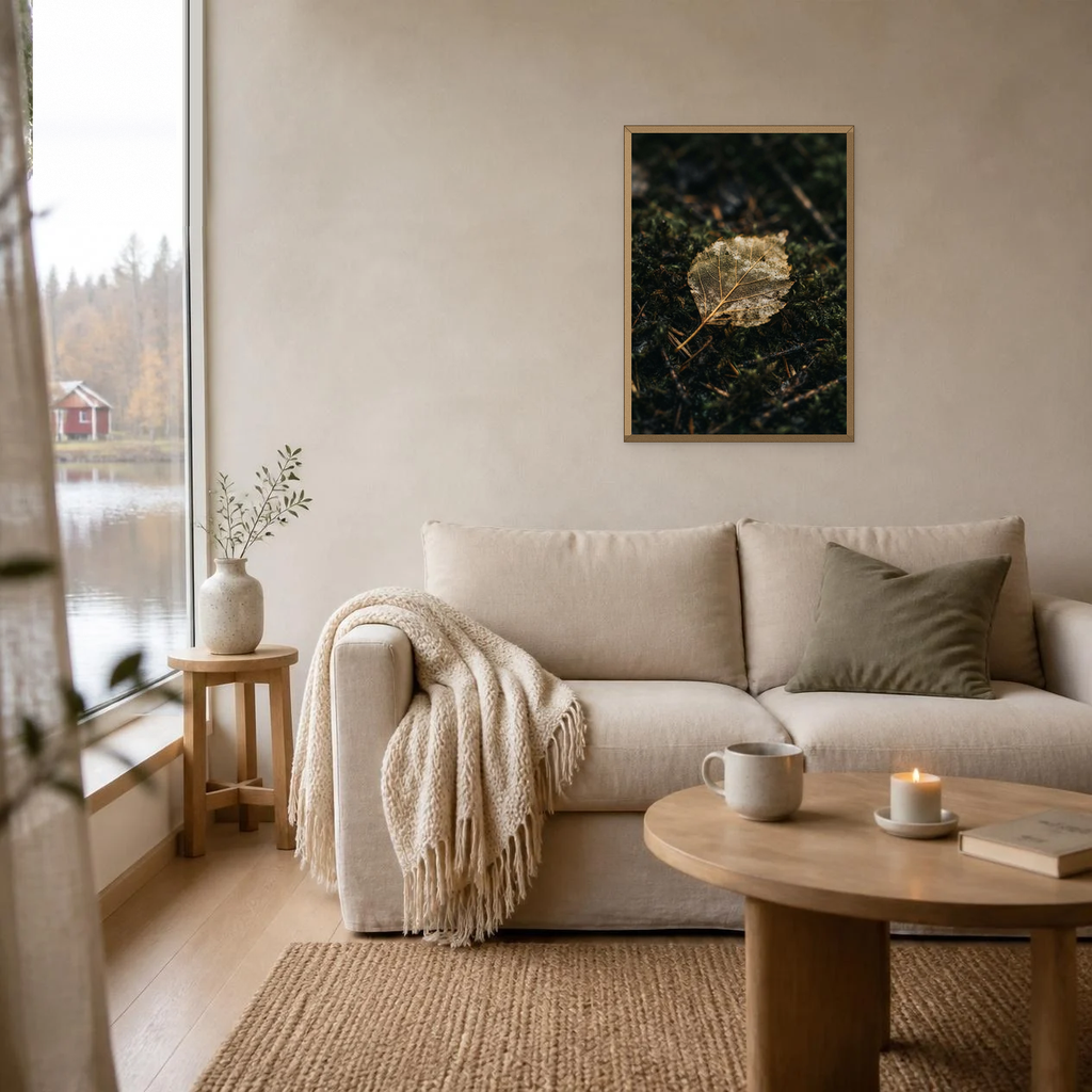 Golden Birch Leaf on Moss poster in a light oak frame above a linen sofa