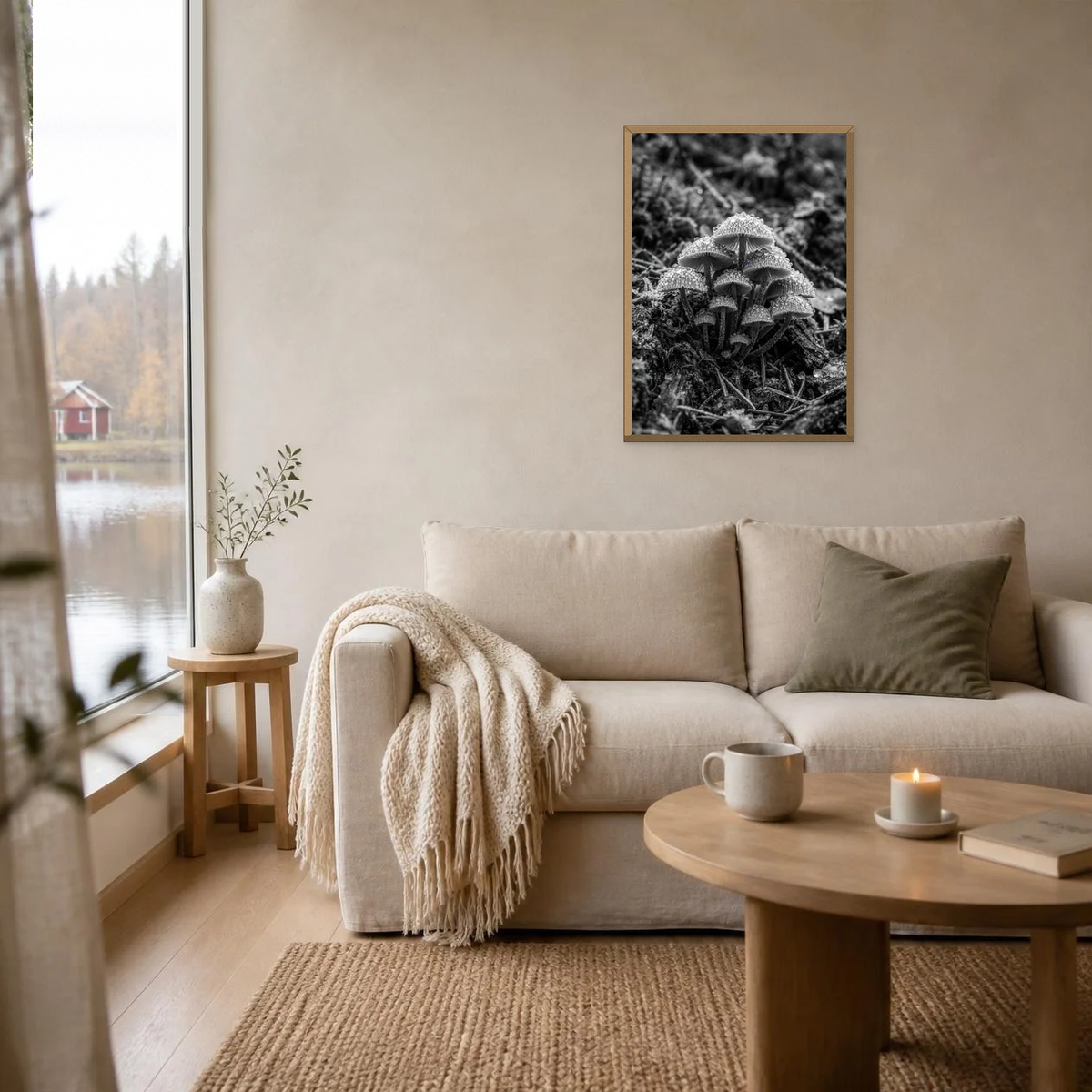 Frosted Wild Mushrooms poster in a light oak frame above a linen sofa