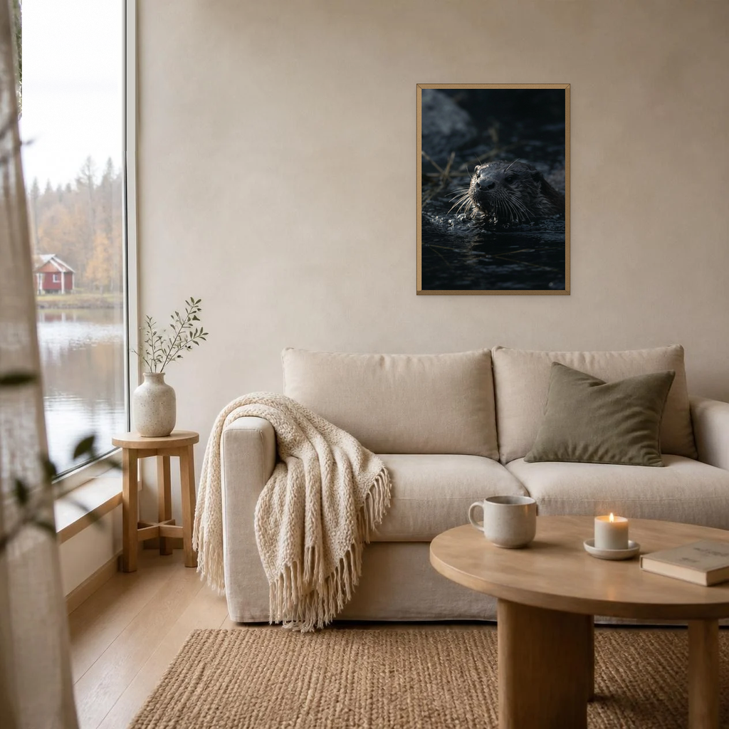 Otter in a Cold Stream poster in a light oak frame above a linen sofa