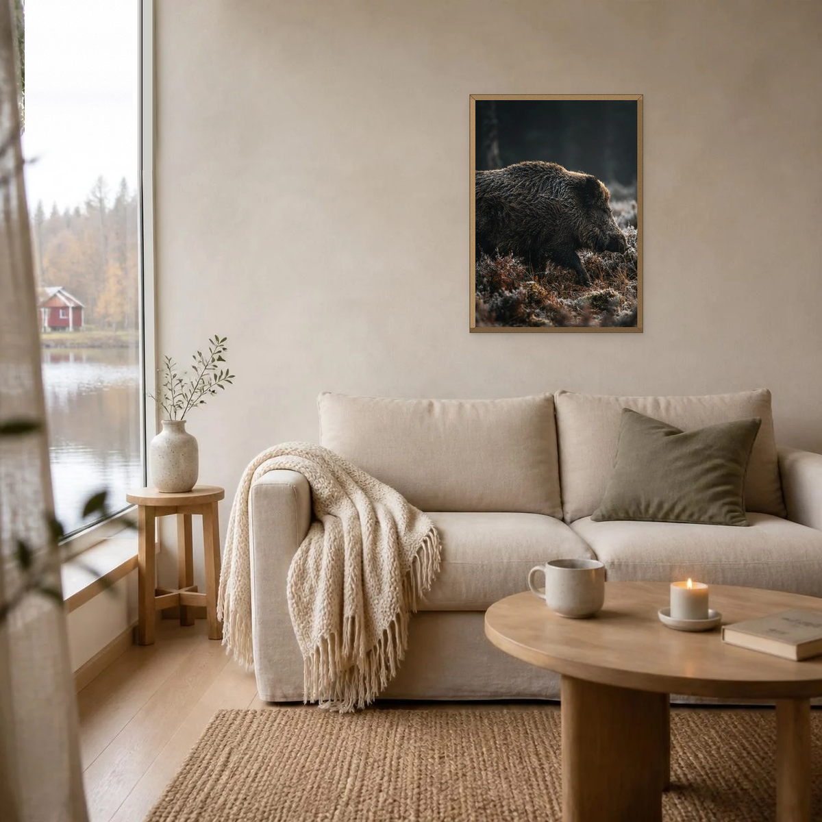 Wild Boar in the Undergrowth poster in a light oak frame above a linen sofa