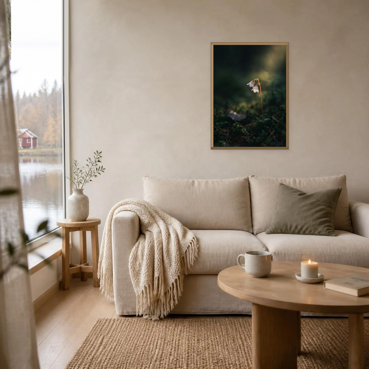 Twinflower in Autumn poster in a light oak frame above a linen sofa