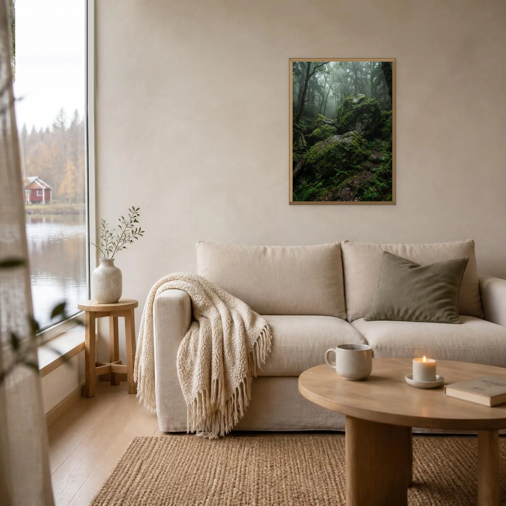Mossy Granite Boulders poster in a light oak frame above a linen sofa