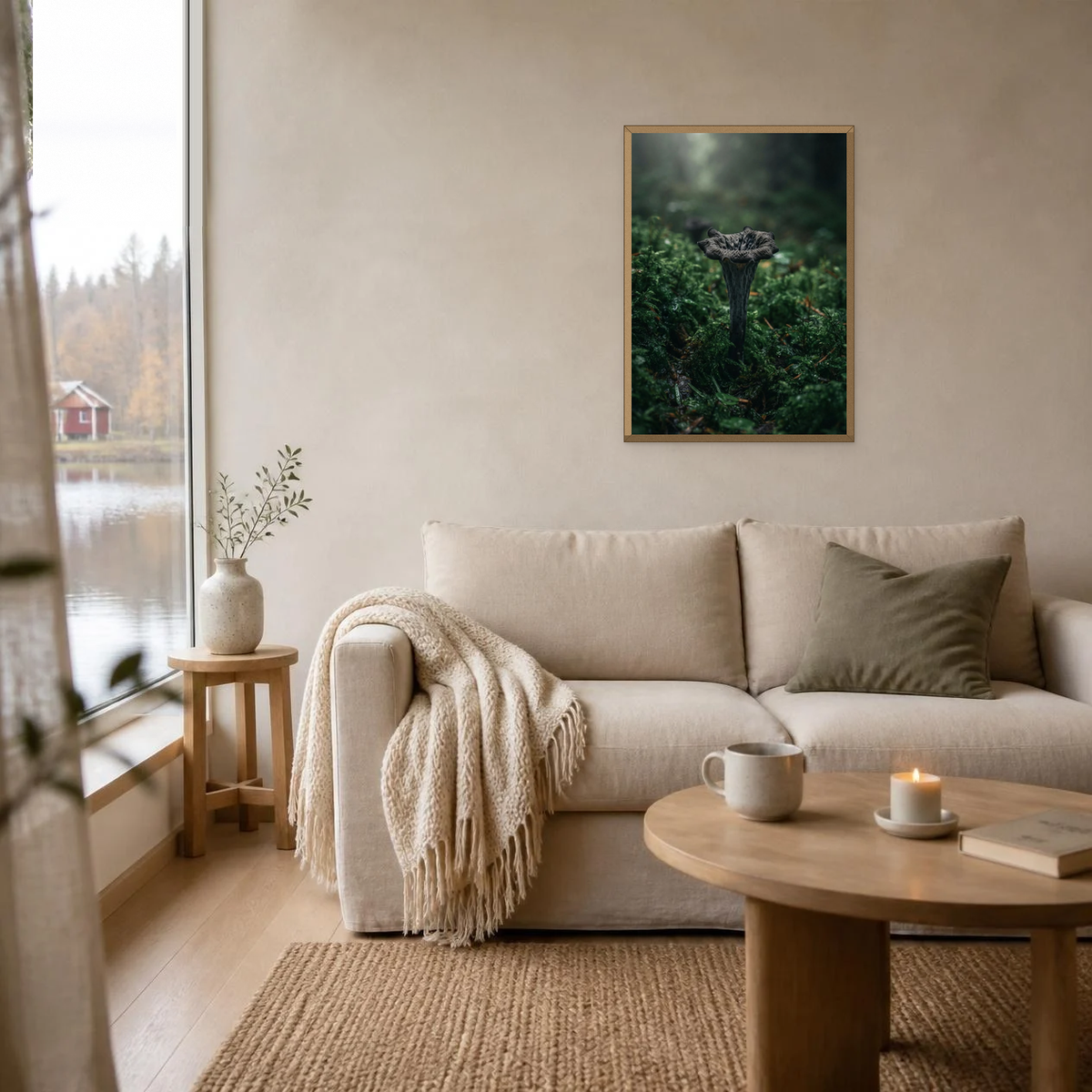 Mushroom in the Moss poster in a light oak frame above a linen sofa