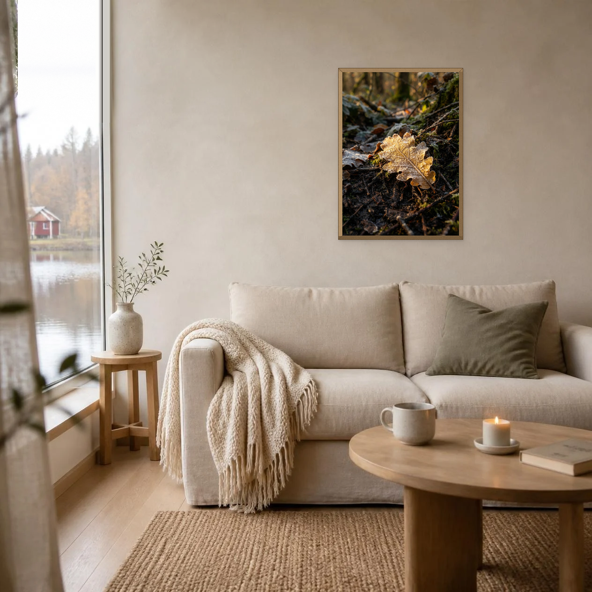 Morning Sun on an Autumn Leaf poster in a light oak frame above a linen sofa