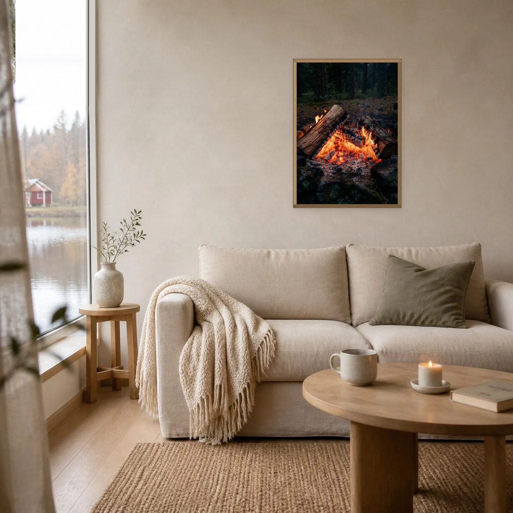 Glowing Coals poster in a light oak frame above a linen sofa