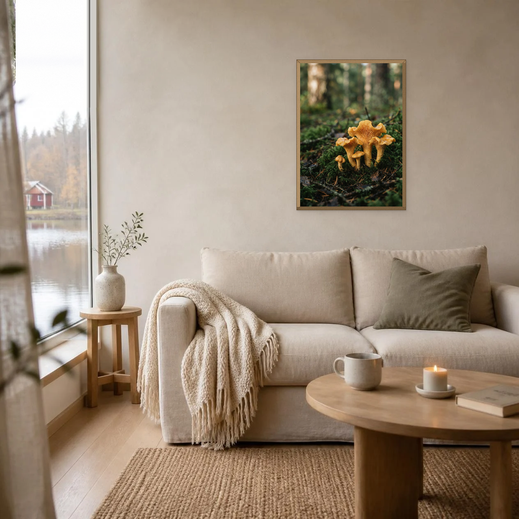 Mushroom Rising from Moss poster in a light oak frame above a linen sofa