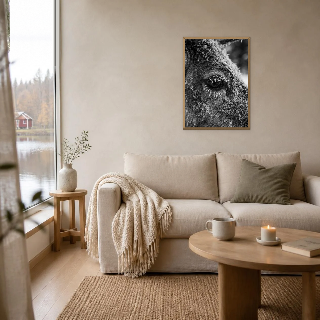 Frost on a Reindeer's Eye poster in a light oak frame above a linen sofa