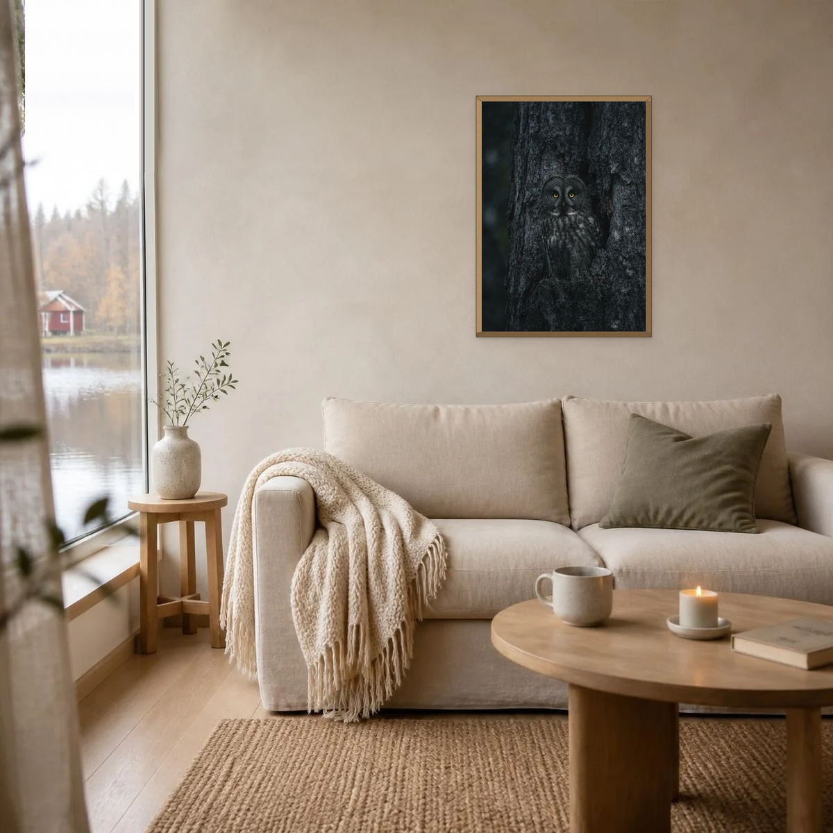 Great Grey Owl poster in a light oak frame above a linen sofa
