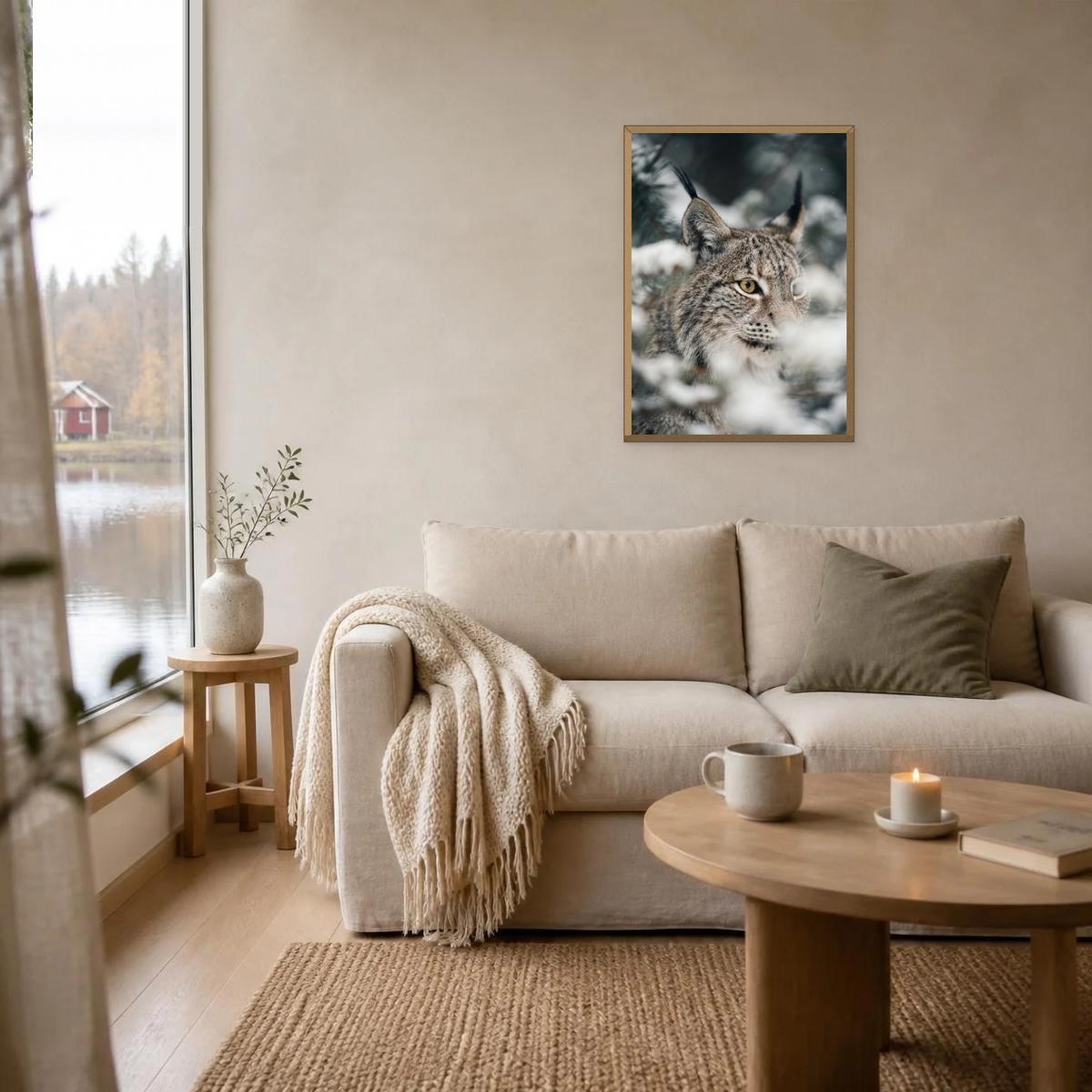 The Lynx's Face poster in a light oak frame above a linen sofa