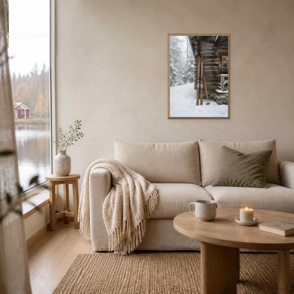 Skis Against the Log Cabin poster in a light oak frame above a linen sofa