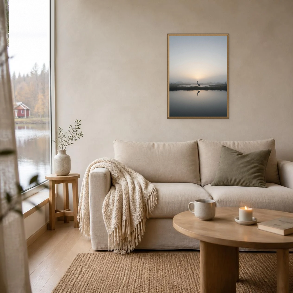 Crane in the Misty Mire poster in a light oak frame above a linen sofa
