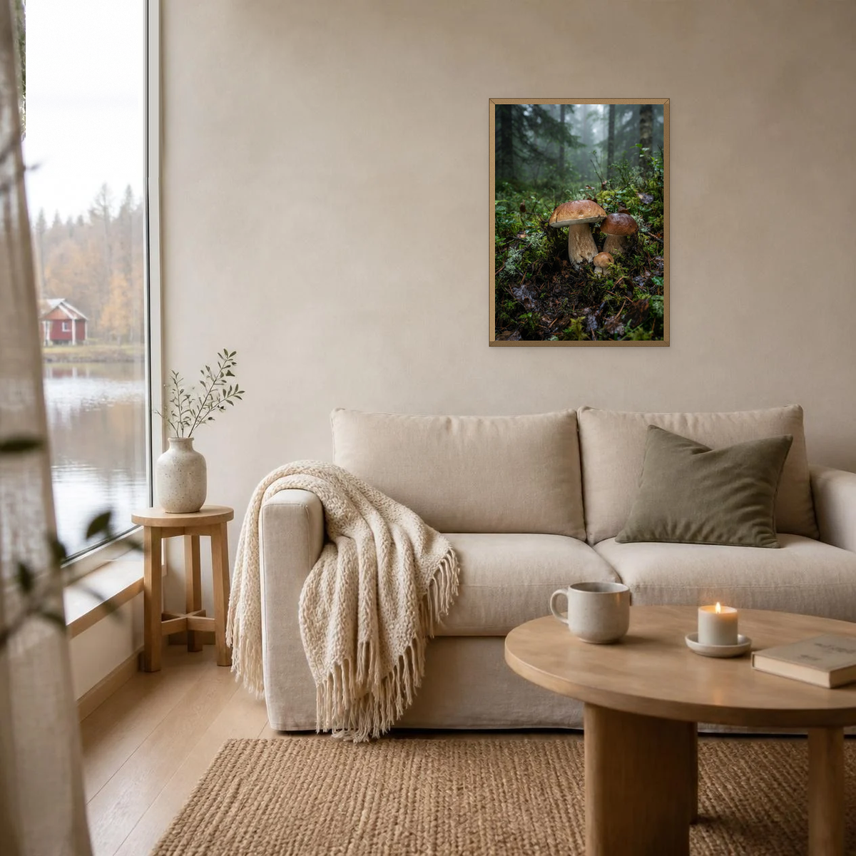 Porcini on the Forest Floor poster in a light oak frame above a linen sofa