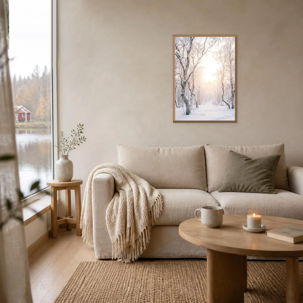 Birches in Winter Fog poster in a light oak frame above a linen sofa