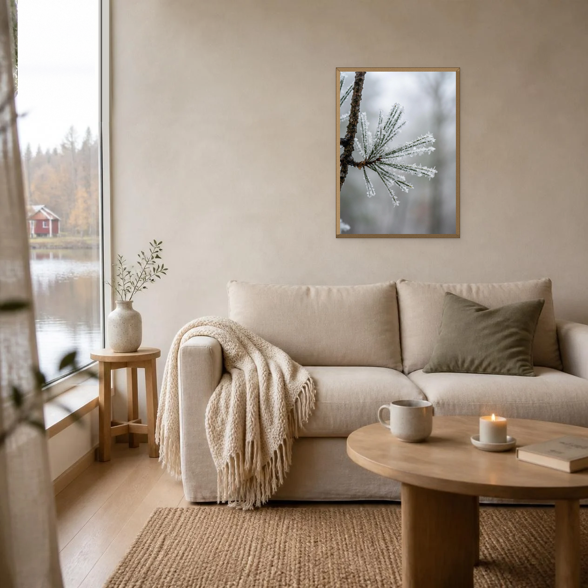 Frosted Pine Needles poster in a light oak frame above a linen sofa