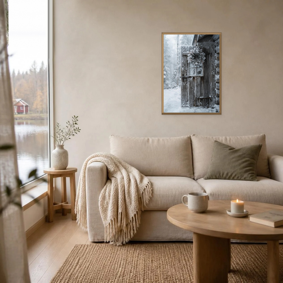 The Frosted Cabin Door poster in a light oak frame above a linen sofa