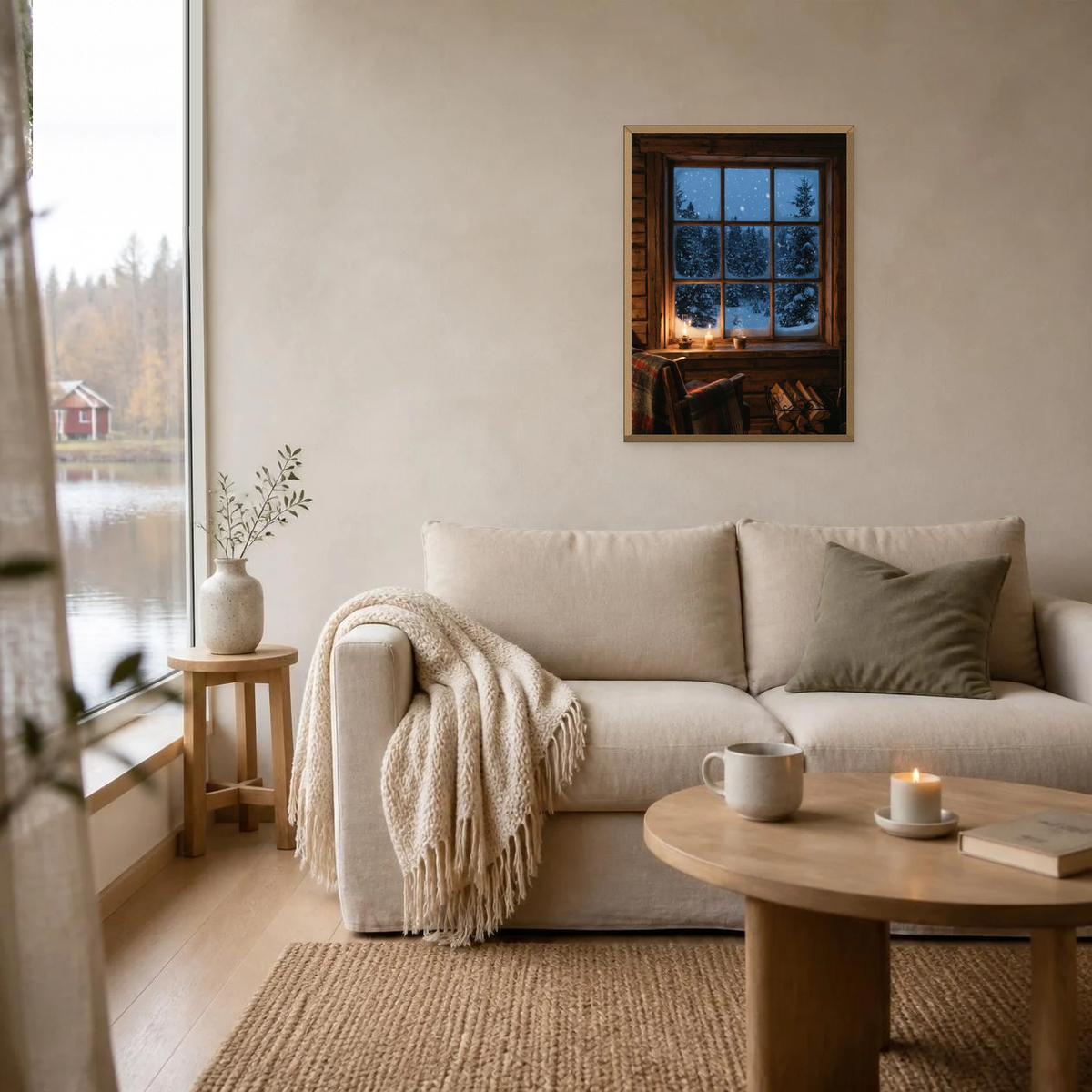 Snowfall Past the Window poster in a light oak frame above a linen sofa