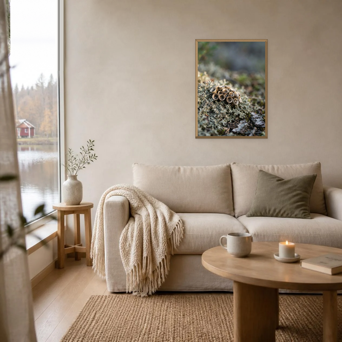 Fungi on Lichen poster in a light oak frame above a linen sofa