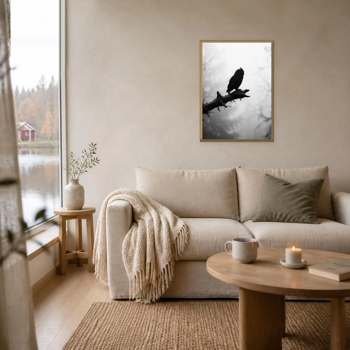 Owl on a Branch poster in a light oak frame above a linen sofa