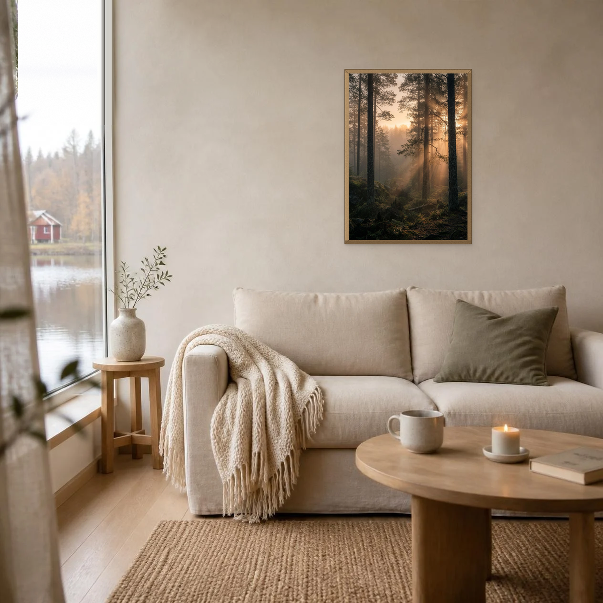 Midnight Sun Through the Trees poster in a light oak frame above a linen sofa