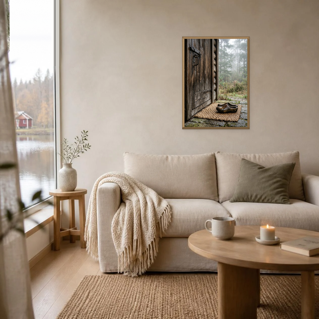 Clogs by the Cabin Door poster in a light oak frame above a linen sofa