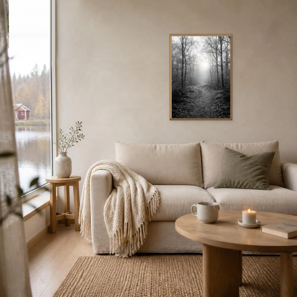 Frosty Path at Sunrise poster in a light oak frame above a linen sofa