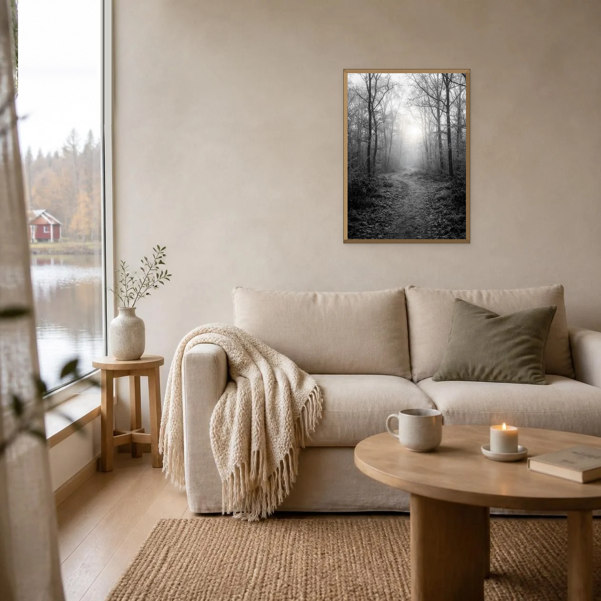 Frosty Path at Sunrise poster in a light oak frame above a linen sofa