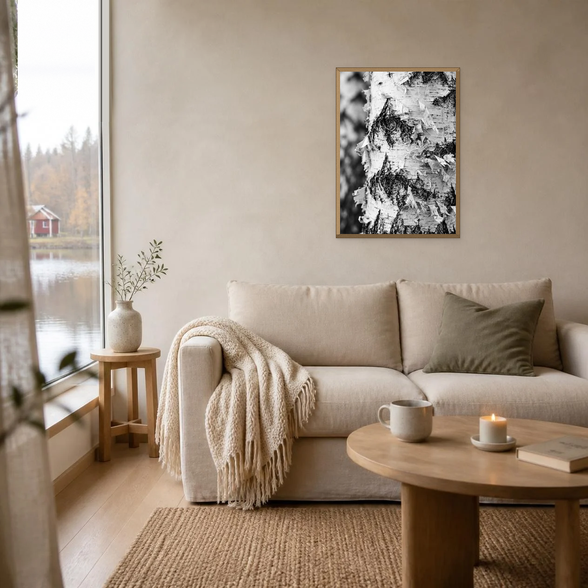 White Birch Bark poster in a light oak frame above a linen sofa