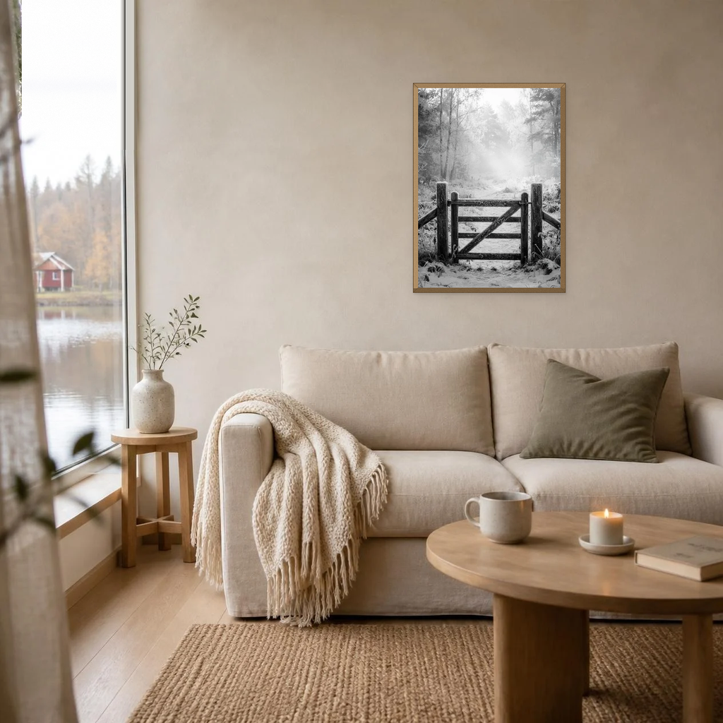 Frosted Gate at Sunrise poster in a light oak frame above a linen sofa