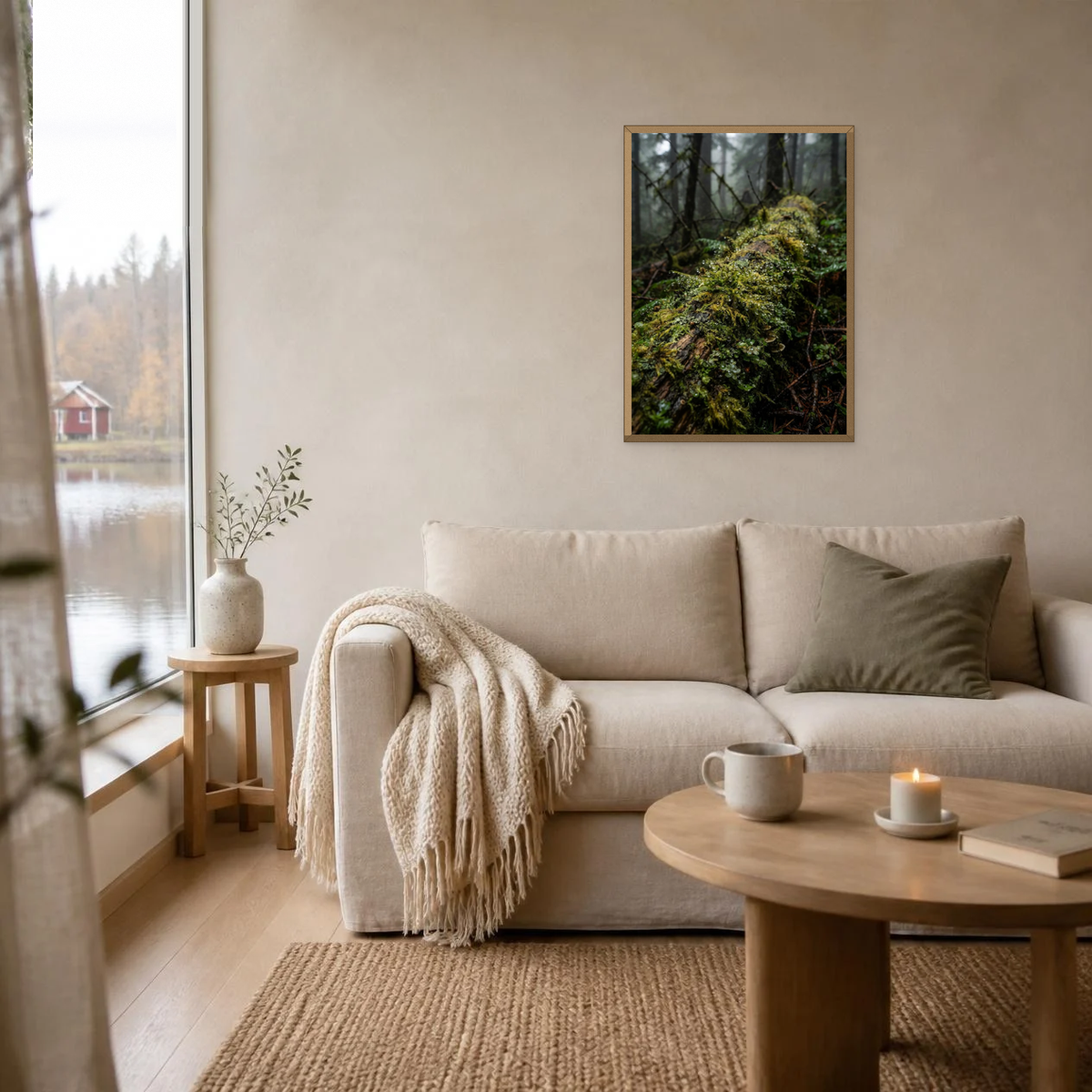 Raindrops on a Mossy Log poster in a light oak frame above a linen sofa