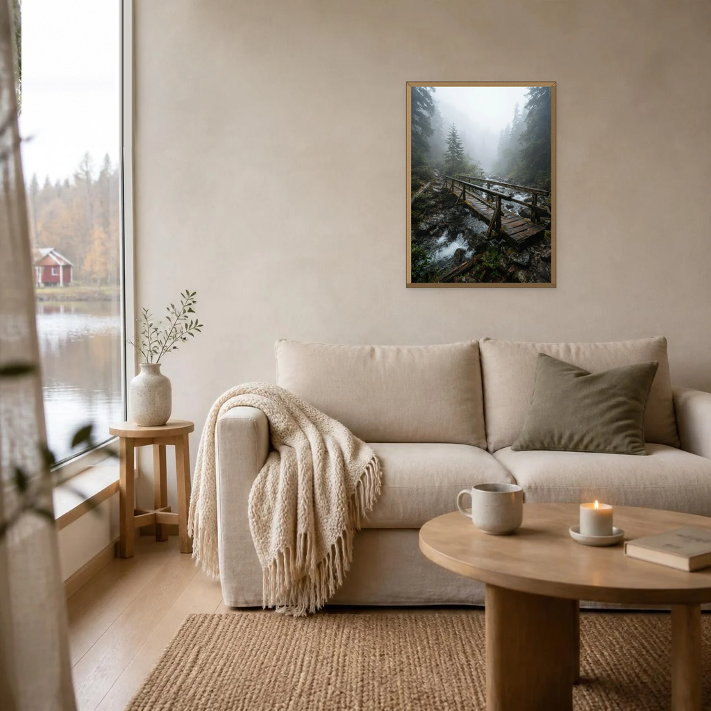 Bridge Across the Stream poster in a light oak frame above a linen sofa