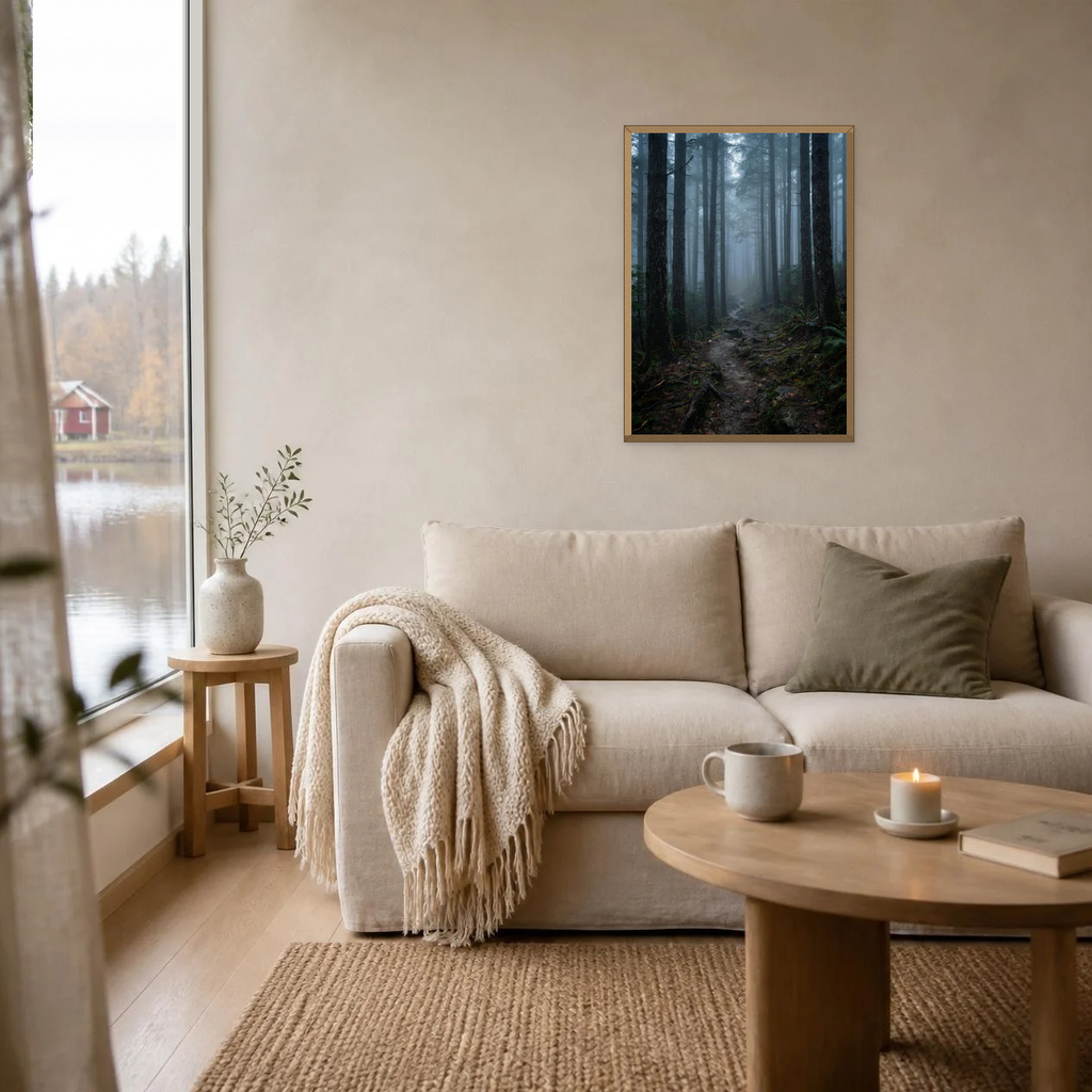 Foggy Pine Forest Path poster in a light oak frame above a linen sofa