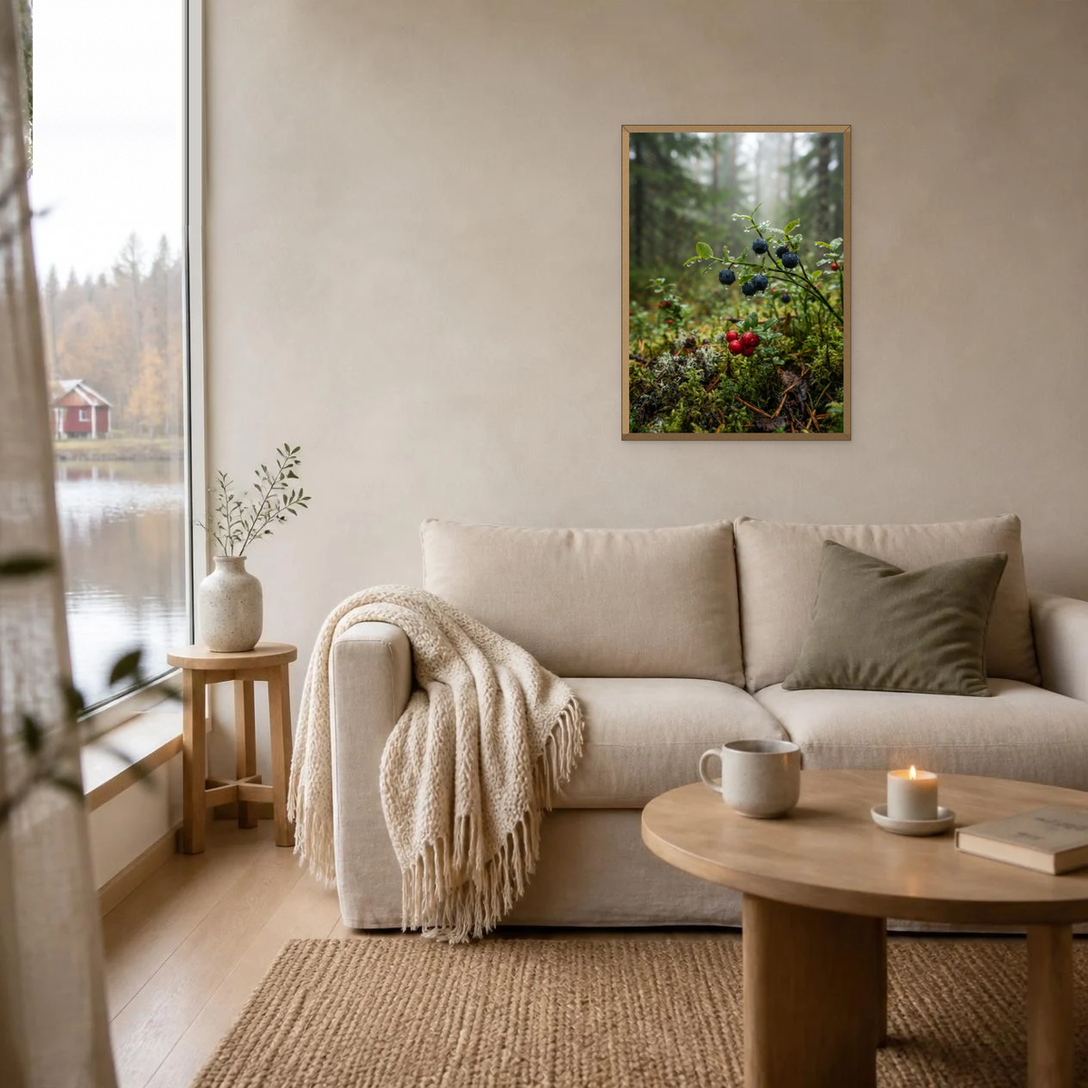 Wild Berries in the Dew poster in a light oak frame above a linen sofa