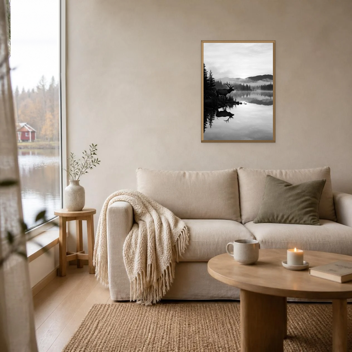Elk by the Lake poster in a light oak frame above a linen sofa