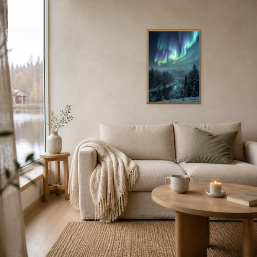 Aurora Above the Pines poster in a light oak frame above a linen sofa