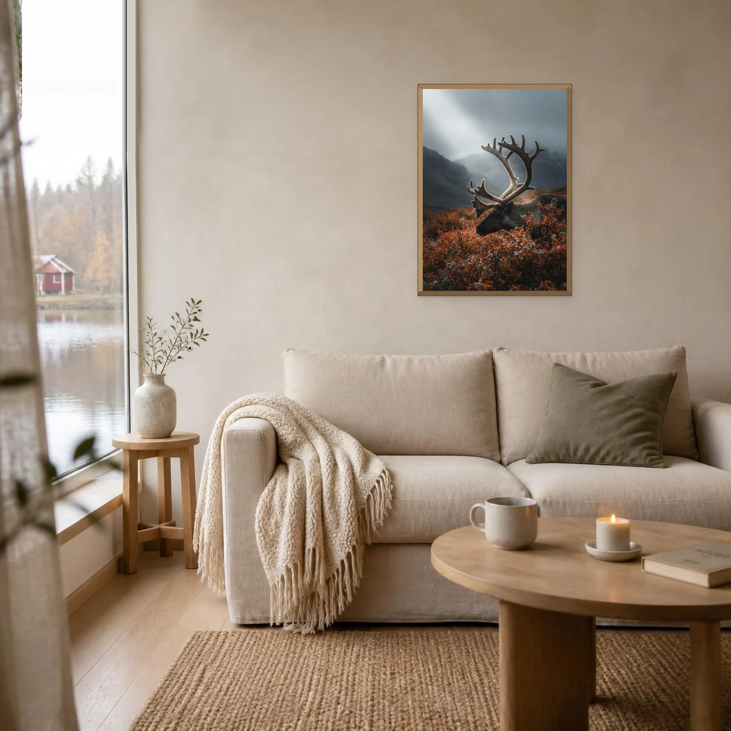 Reindeer in the Mountains poster in a light oak frame above a linen sofa