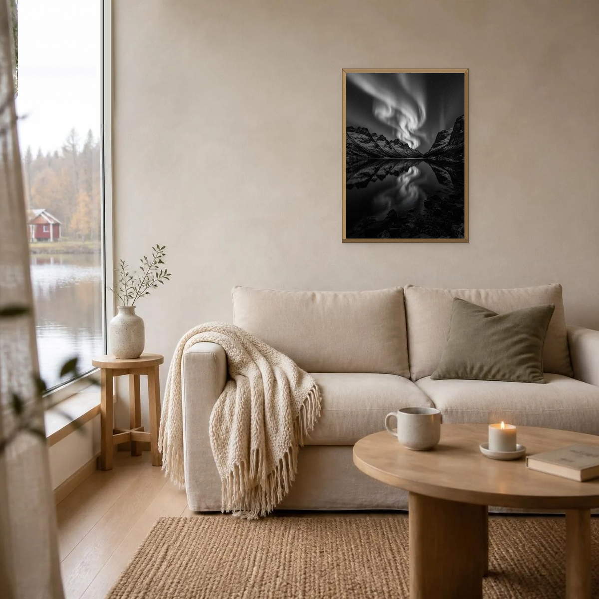 Aurora Over the Fjord poster in a light oak frame above a linen sofa