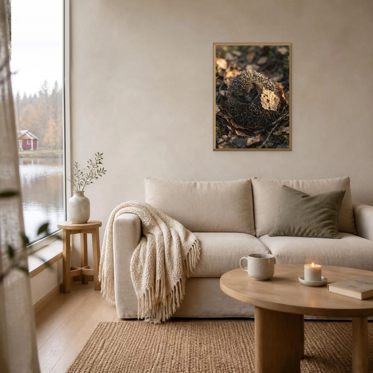 Hedgehog in the Leaves poster in a light oak frame above a linen sofa