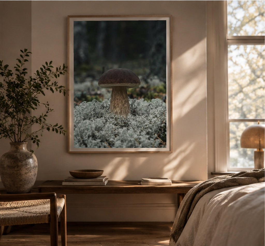Porcini in the Lichen art print, shown framed for inspiration in a bright room with a plant
