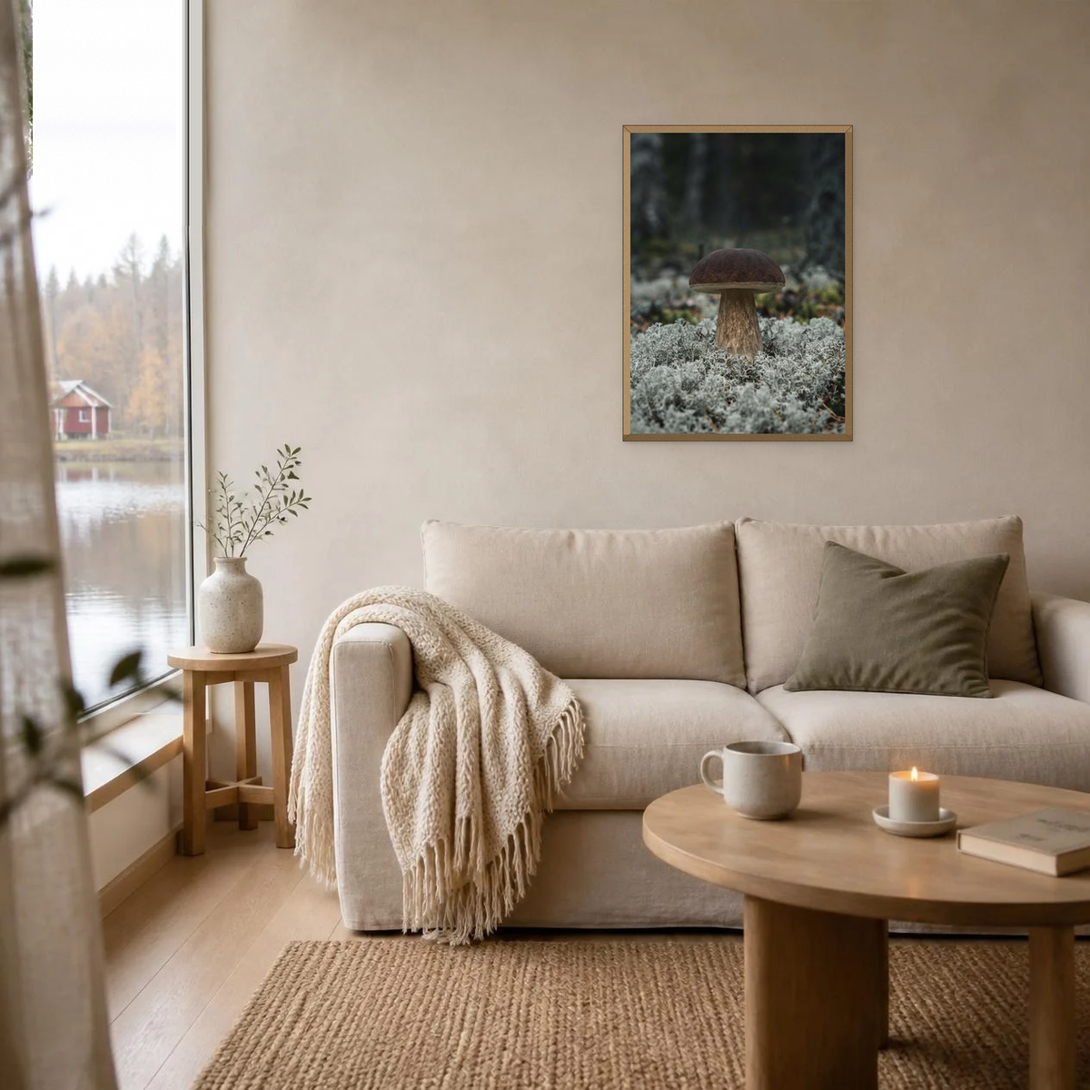 Porcini in the Lichen poster in a light oak frame above a linen sofa