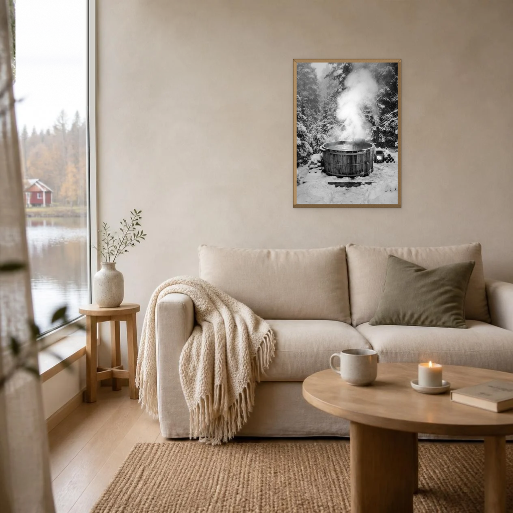 Hot Tub in the Snowy Forest poster in a light oak frame above a linen sofa