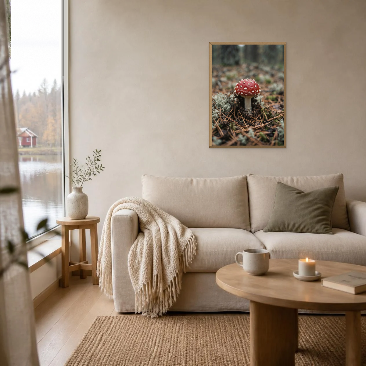 Fly Agaric in the Needles poster in a light oak frame above a linen sofa