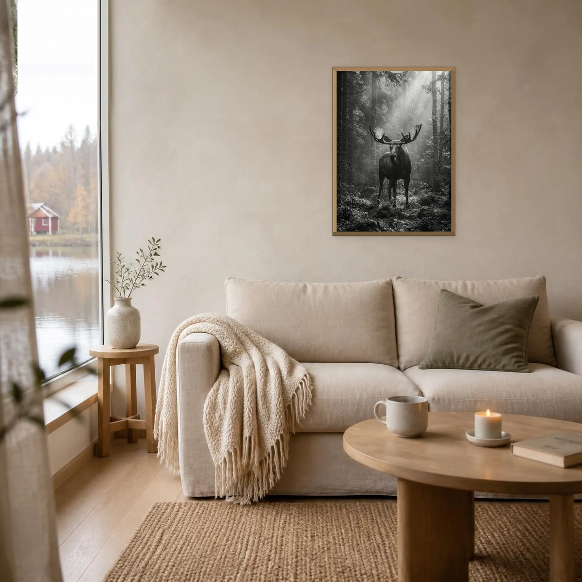 Moose in the Clearing poster in a light oak frame above a linen sofa