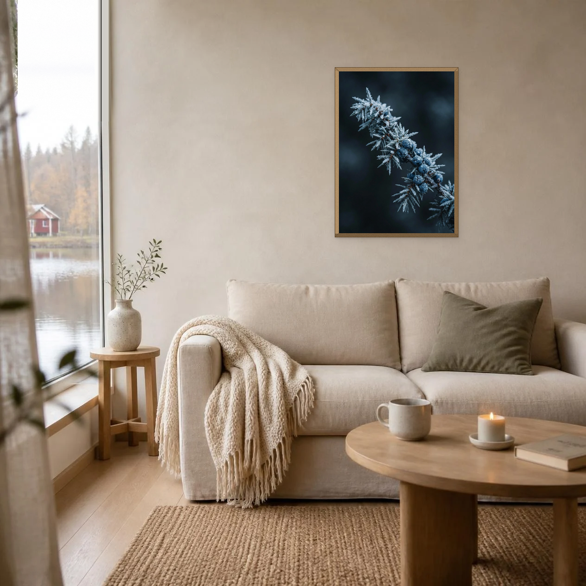 Frosted Juniper poster in a light oak frame above a linen sofa
