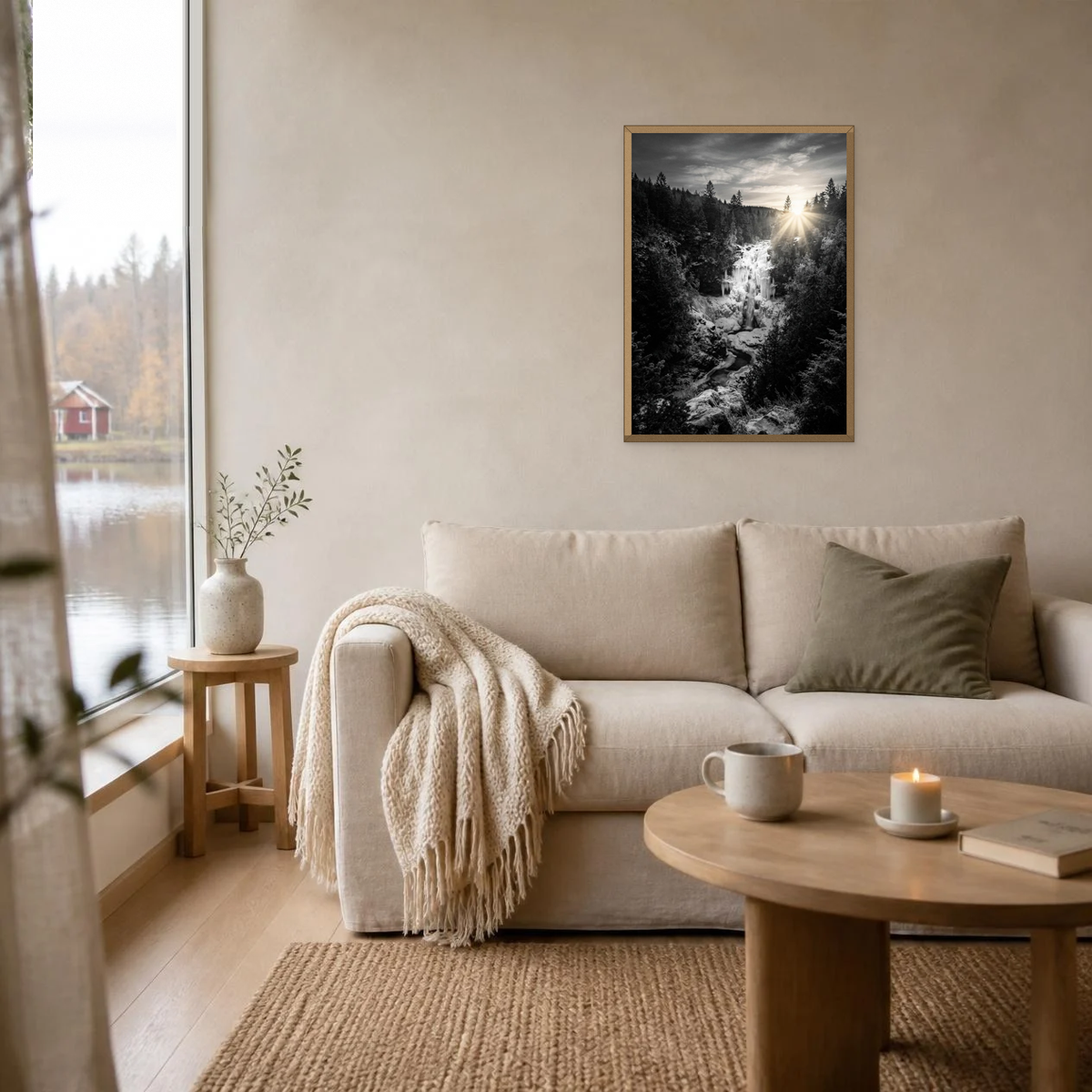 Sunbeams on the Frozen Falls poster in a light oak frame above a linen sofa
