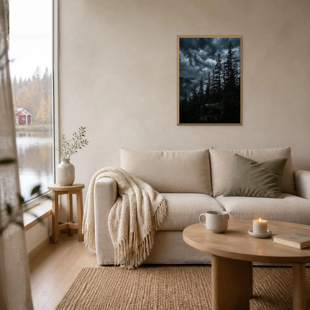Pine Silhouettes at Dusk poster in a light oak frame above a linen sofa