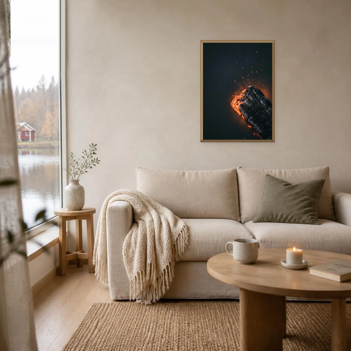 Glowing Birch Firewood poster in a light oak frame above a linen sofa
